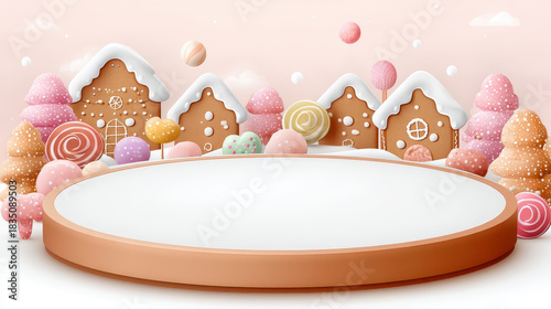 Whimsical Christmas background features charming gingerbread houses surrounded by colorful candies and trees, creating festive atmosphere perfect for holiday celebrations