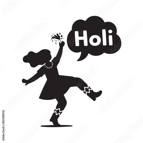 Joyful Woman Silhouette Celebrating Holi Festival Throwing Color and Splashes.