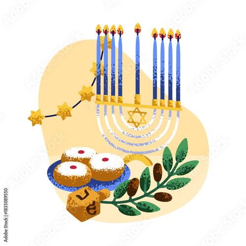 Hanukkah holiday composition with festive menorah, candles, sufganiyot donuts, dreidel, David star. Traditional Jewish Hanuka festival, ceremony. Flat vector illustration isolated on white background
