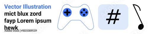 Gaming controller, hash symbol in a square, and music note showcasing gaming, tech, music, and social media themes. Ideal for digital content, apps, branding marketing and simple landing page