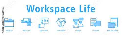 Banner illustrating workplace atmosphere with desks, appreciation, dialogue, teamwork and files.