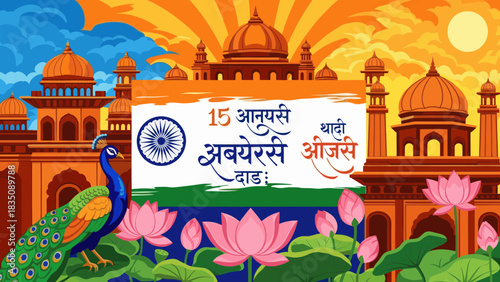 Indian Independence Day illustration with lotus flowers, peacock, and buildings against a sunrise.