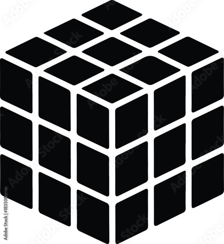 Puzzle Cube Icon, A black silhouette of a 3×3 puzzle cube shown in isometric view. The cube is divided into smaller square segments, representing a classic twistable puzzle toy. The design has a clea
