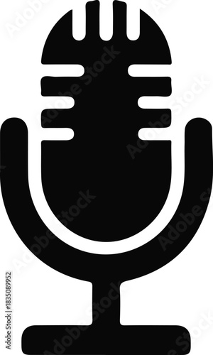 Classic retro microphone icon, Black-and-white silhouette of a vintage studio microphone with a rounded base and vertical grille lines, symbolizing audio recording, broadcasting, podcasts, music, and
