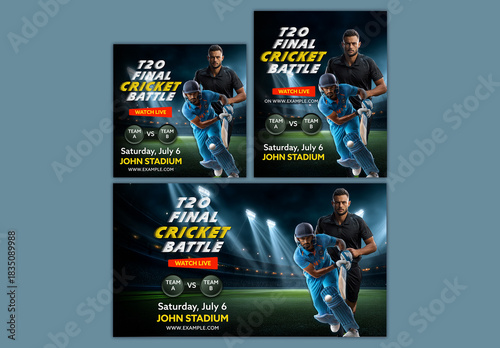 Editable T20 Final Cricket Battle Promotional Banner or Social Media Templates with Batter and Bowler in Action for Live Match Coverage.