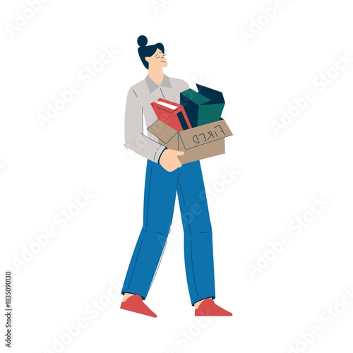 Unemployment Social Problem with Fired Woman Employee Hold Cardboard Box Vector Illustration
