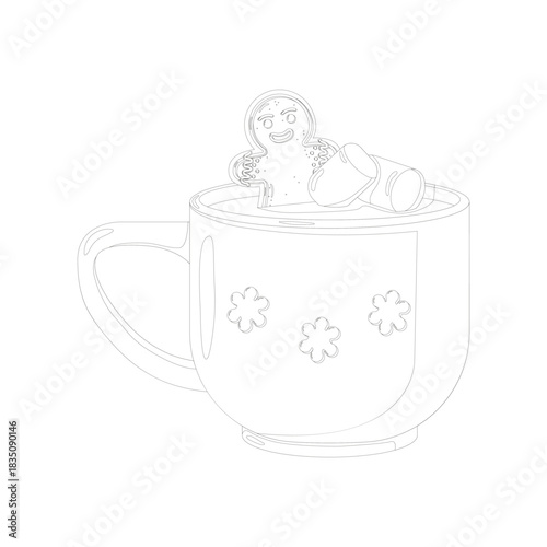 Line art of festive mug with snowflake design, filled with hot chocolate, marshmallows, and gingerbread man. Cozy holiday illustration for Christmas cards, stickers, and seasonal decor