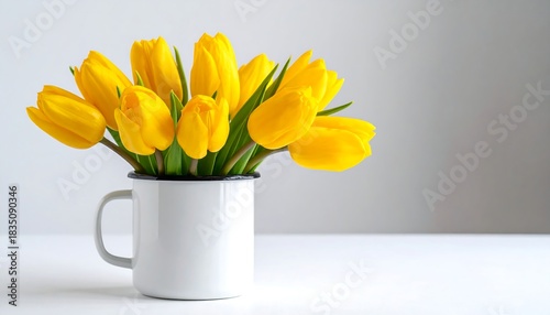 Bright yellow tulips arranged in a white enamel mug against a soft, gradient gray background