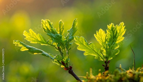 Bright, young oak leaves sprout in a soft, green, golden-lit spring forest, revealing delicate textures