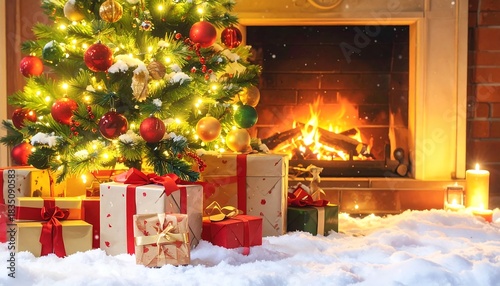 Brightly lit Christmas tree with presents in snowy scene beside a fireplace with burning logs