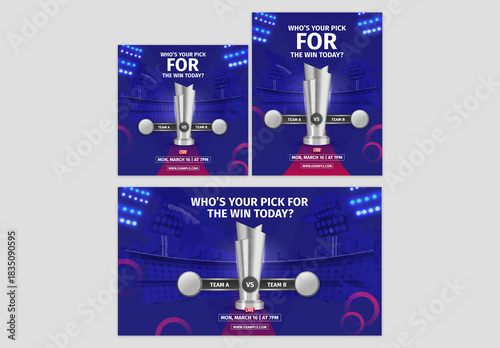 Editable Cricket Match Social Media or Banner Template Set with Silver Trophy and Participating Team A and B on Blue Stadium Background.