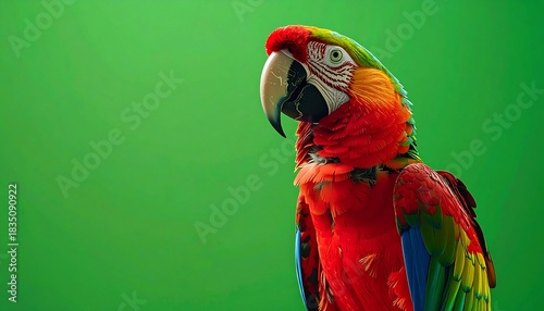 Brightly plumaged macaw with red, yellow, green, and blue plumage, offset against a solid, vibrant green background
