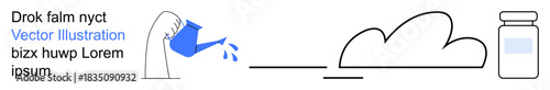 Sustainability, growth, agriculture, eco-consciousness, water conservation, natural resources. A hand pouring water, a cloud shape and a bottle. Sustainability and eco-consciousness concept
