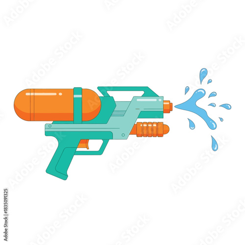 Colorful water gun shooting water splashes for summer fun and recreation