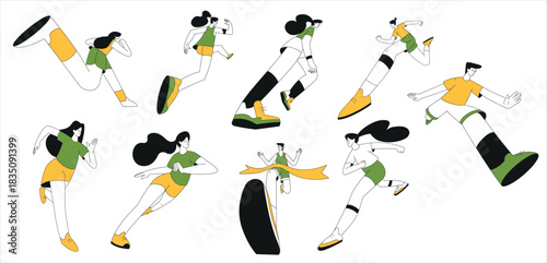 Sport with Man and Woman Character Run Marathon Vector Illustration Set