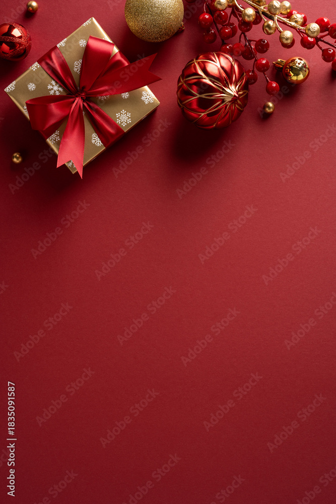 Naklejka premium A rich vertical red backdrop features wrapped gifts with red ribbons, gold and red ornaments, and berry clusters. Ideal for Christmas and New Year themes, celebration, decoration, luxury, and festive