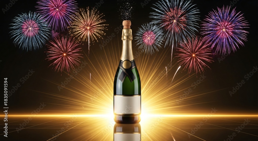 Obraz premium Champagne bottle with golden light burst and colorful fireworks celebrating festive holiday event