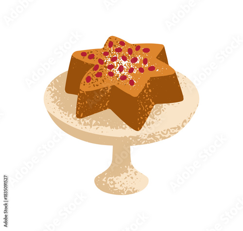 David Star cake on platter. Sweet festive pastry, Jewish holiday dessert, food, traditional bakery with sprinkles, served on plate for Hanukkah. Flat vector illustration isolated on white background
