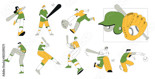 Sport with Man and Woman Character Playing Baseball Game Vector Illustration Set