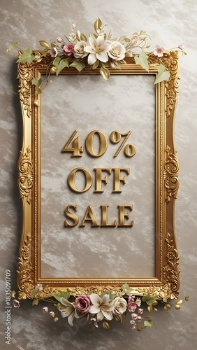 Ornate gold frame advertising a 40 percent off sale