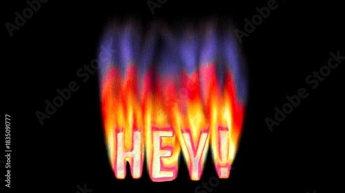 Animated heat map Hey! text title burning in pixelated retro-styled fire flames on a transparent alpha channel in a seamless loop.