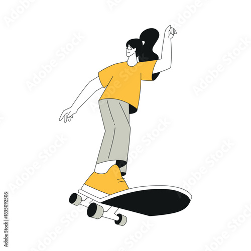 Sport with Woman Character Ride Skateboard Vector Illustration