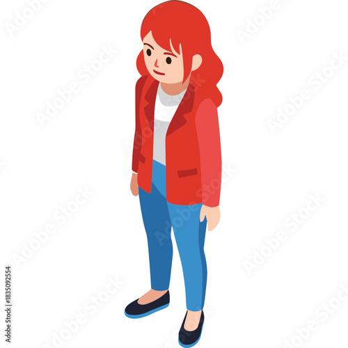Red Haired Woman Standing Isolated on Black Background Wearing Red Jacket White Shirt Blue Pants and Black Shoes Isometric View Full Body Shot