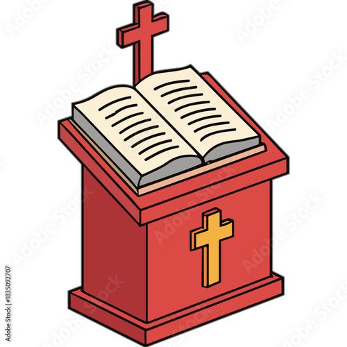 Red Wooden Pulpit With Open Bible And Cross Accents Symbolizing Faith And Religious Sermon In A Church Setting