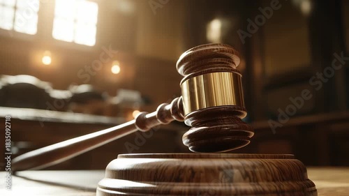 A gavel is placed on a wooden block in a bright courtroom, signifying the start of the judicial proceedings in the morning