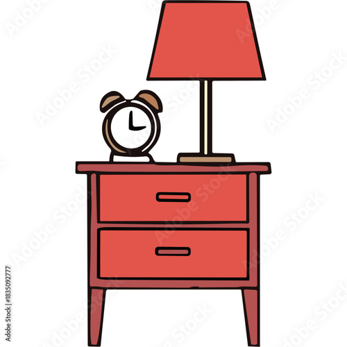 Retro Alarm Clock And Red Bedside Table Lamp On A Coral Red Nightstand With Two Drawers In A Clean Minimalist Style