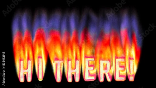 Animated heat map Hi There text title burning in pixelated retro-styled fire flames on a transparent alpha channel in a seamless loop.