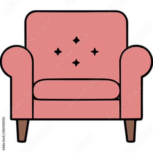 Retro Pink Armchair With Dark Wooden Legs And Four Dark Stars Decoration On Its Backrest Isolated On Black Background Minimalist Furniture Design