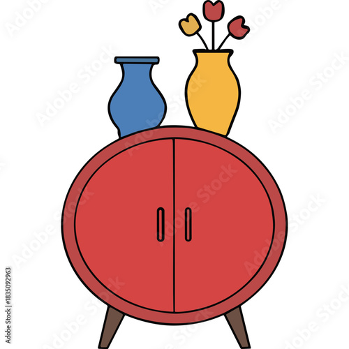 Retro Red Cabinet With Blue And Yellow Vases Holding Tulips In A Stylized Interior Design Setting With Black Background