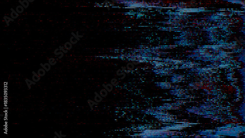 VHS Blue Glitch Noise Texture – Distorted CRT Digital Signal Background. Perfect for tech backgrounds, cyberpunk visuals, video overlays, system error themes, digital distortion design.