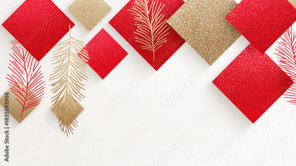 Obraz premium Bright red and gold squares create festive background perfect for Christmas celebrations. elegant design features shimmering textures and delicate pine branches, evoking joyful holiday spirit