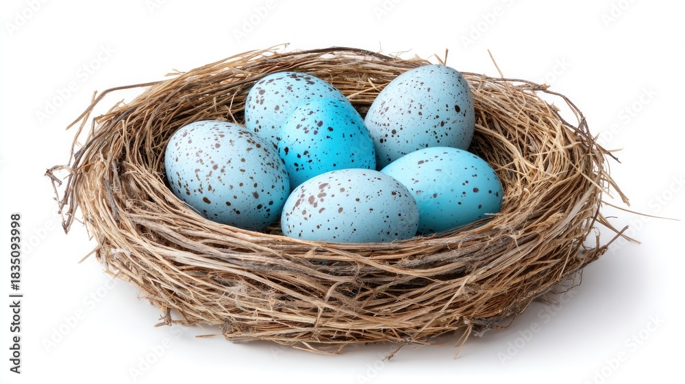 Obraz premium Bird nest with blue eggs on white background for nature and wildlife design