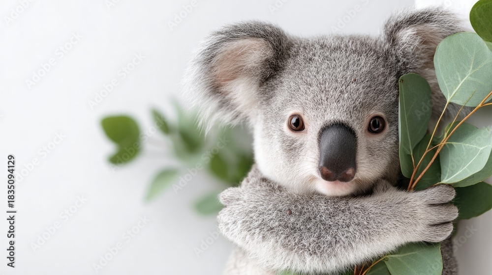 Fototapeta premium Adorable koala embracing eucalyptus branch on white background for wildlife and nature themes