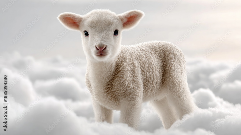 Fototapeta premium Adorable lamb on fluffy cloud with white background - concept of innocence and tranquility for dreamy designs