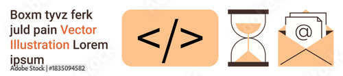 Web development, time tracking, email communication, digital workflow, modern technology, productivity. Code symbol, hourglass and email icons. Web development and time tracking concepts