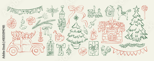 Christmas hand-drawn chalk elements. Vintage Christmas and New Year line art doodles. Retro whimsical winter holiday charcoal sketch. Christmas drawing set for card, poster, poster, party invitations.