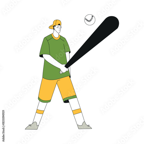 Sport with Man Character Play Baseball Hit with Bat Vector Illustration