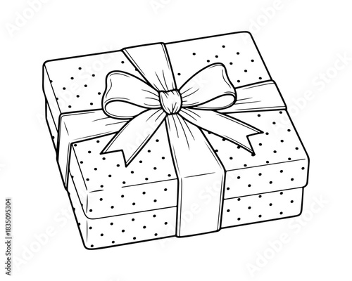 Elegantly Wrapped Gift Box Illustration with Polka Dot Pattern and Decorative Bow, Perfect for Celebrations and Special Occasions, Hand-Drawn Outline Style