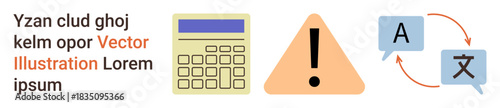 Data analysis, risk management, translation services, communication, multilingual platforms, decision-making. Calculator, warning sign and dialogue boxes with language symbols. Data analysis
