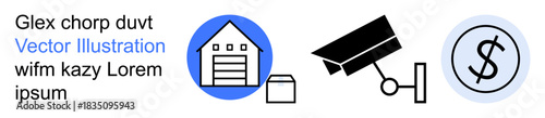 Business security, inventory management, financial transactions, e-commerce, surveillance systems, logistics. Warehouse, CCTV camera and dollar sign symbols. Business security and inventory