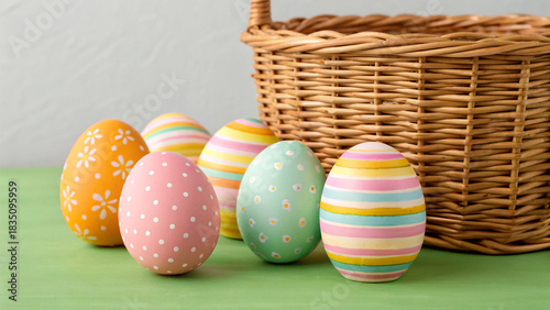 Colorful eggs displayed beside a basket on a green table during a spring celebration event