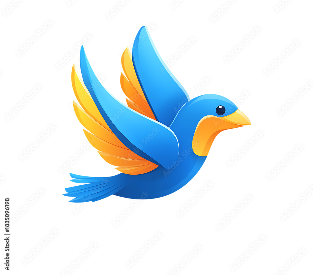 Fototapeta premium A vibrant blue and orange bird with outstretched wings in flight depicted as a stylized illustration isolated on transparent background