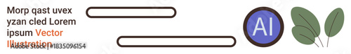 Technology interfaces, artificial intelligence, nature integration, digital innovation, UI design, conceptual balance. Circular AI icon, text input fields and leaf graphics. Technology interfaces