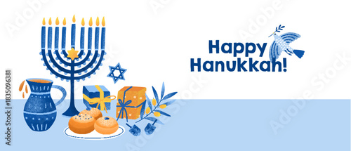 Happy Hanukkah greeting card, traditional Jewish holiday, Hanuka festival background. Judaic religious festive banner with menorah, candles, gifts, food and dove symbol. Flat vector illustration