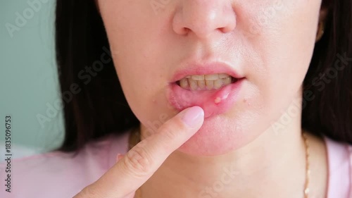 A woman has stomatitis on her lip