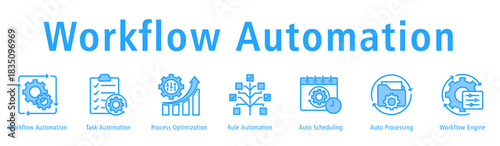 Workflow Automation banner with icons of Workflow Automation, Task Automation, Process Optimization, Rule Automation, Auto Scheduling, Auto Processing, and Workflow Engine.